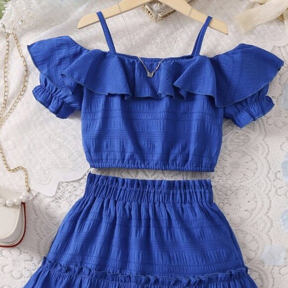 SHEIN Other - SHEIN Tween Girl Blue Solid Color Spaghetti Strap Ruffled Top And Frill 10Yr old